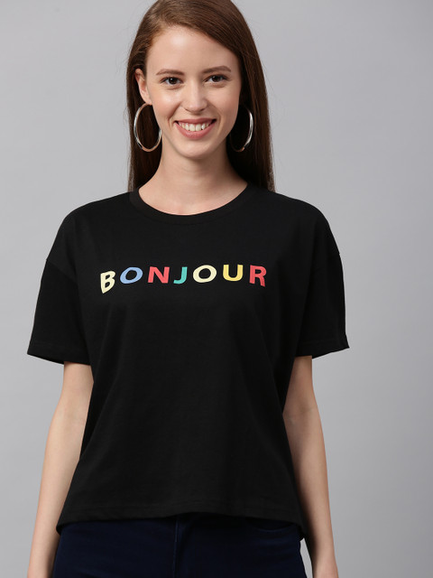

HERE&NOW Women Black Printed Round Neck T-shirt