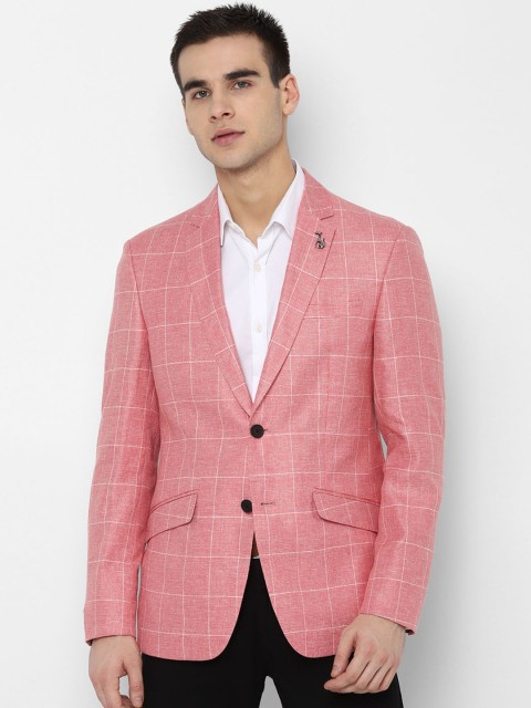 

SIMON CARTER LONDON Men Pink & White Checked Slim-Fit Single-Breasted Casual Linen Blazer