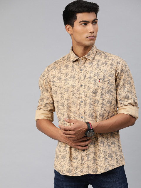 

Louis Philippe Jeans Men Beige & Grey Slim Fit Floral Print Pure Cotton Casual Shirt