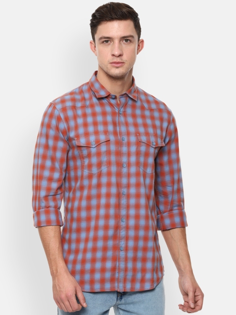 

Louis Philippe Jeans Men Orange & Blue Slim Fit Checked Casual Shirt