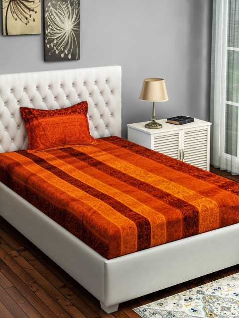 

SWAYAM Orange & Yellow Striped 250 TC Cotton 1 Single Bedsheet with 1 Pillow Covers