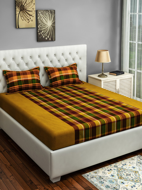 

SWAYAM Yellow & Green Geometric 180 TC Cotton 1 Extra Large Bedsheet with 2 Pillow Covers