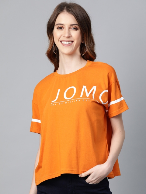 Women Mustard Yellow & White Solid Round Neck T-shirt with Printed Detail