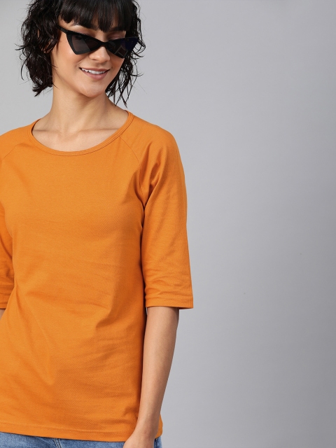 

HERE&NOW Women Orange Solid Round Neck T-shirt