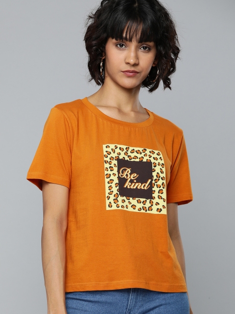 

HERE&NOW Women Orange Printed Round Neck T-shirt