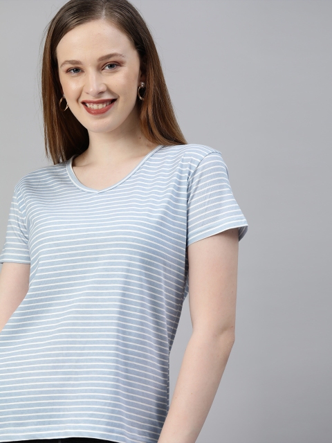

HERE&NOW Women Blue & White Striped V-Neck T-shirt