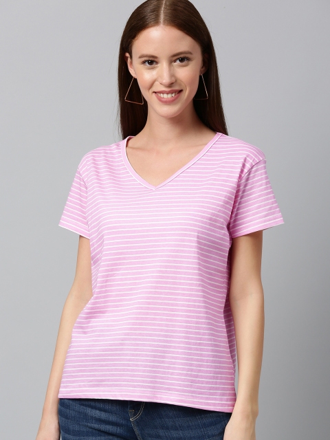 

HERE&NOW Women Pink & White Striped V-Neck T-shirt
