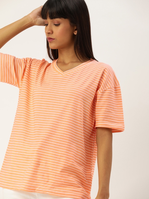 

Moda Rapido Women Orange & White Striped V-Neck Drop-Shoulder T-shirt