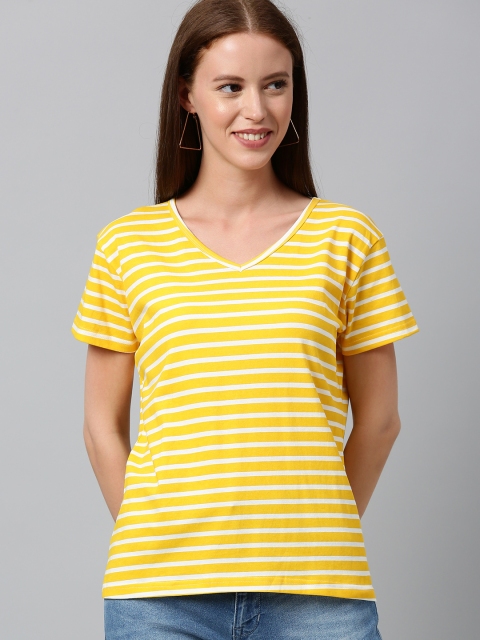 

HERENOW Women Yellow White Striped V-Neck Pure Cotton T-shirt