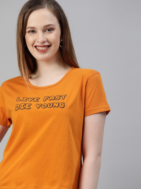 

HERENOW Women Rust Orange Printed Round Neck Pure Cotton T-shirt