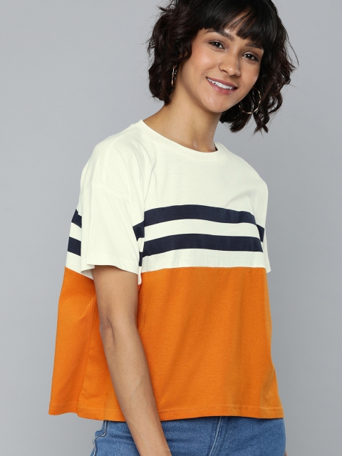 

HERE&NOW Women Orange & Cream-Coloured Striped Round Neck T-shirt