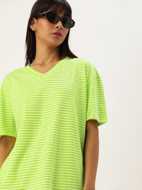 

Moda Rapido Women Fluorescent Green White Striped V-Neck Drop-Shoulder Pure Cotton T-shirt
