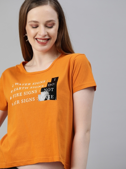 HERENOW Women Rust Orange Printed Round Neck Crop Pure Cotton T-shirt
