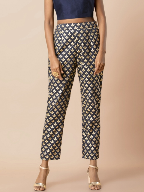 

INDYA Women Blue Straight Fit Printed Cigarette Silk Trousers