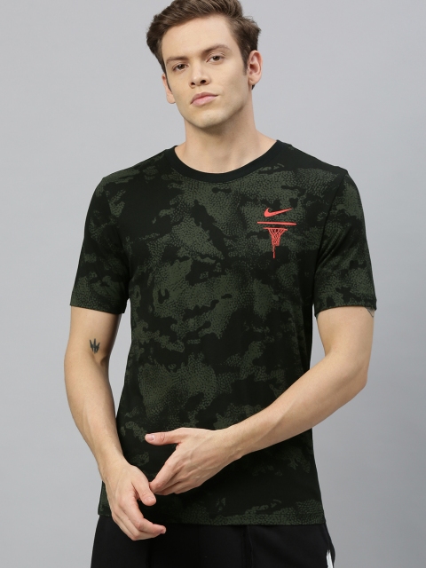 

Nike Men Black & Olive Green Printed PEBBLE Round Neck Basketball T-shirt
