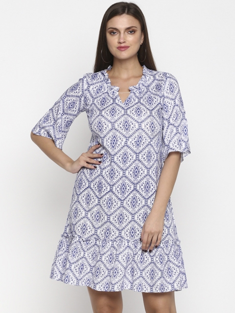 

Teal19 Women White & Purple Printed A-Line Dress