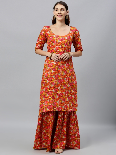 

EthnoVogue Women Mustard Yellow & Orange Printed Made To Measure Kurta with Sharara