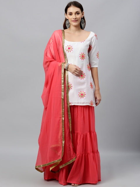

Bollywood Vogue Women White & Pink Embroidered Made To Measure Kurti Set