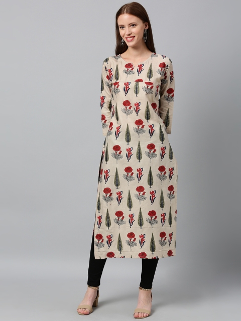 

GoSriKi Women Beige & Red Floral Printed Straight Kurta