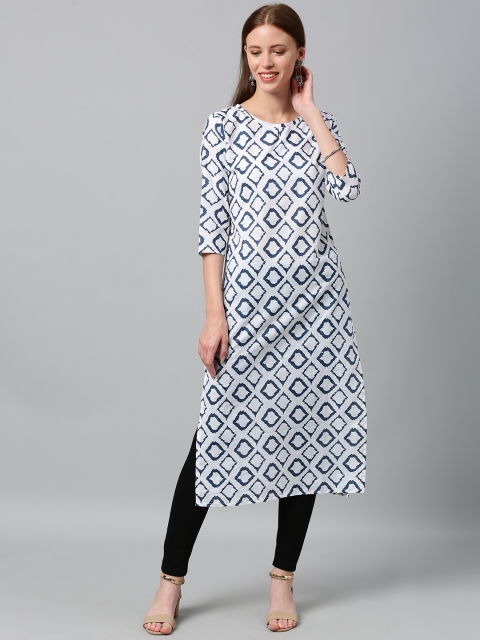 

KALINI Women White & Blue Printed Straight Kurta