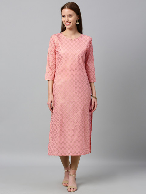 

GoSriKi Women Pink & Gold-Toned Foil Printed Straight Kurta
