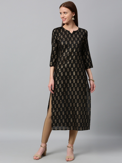 

GoSriKi Women Black & Gold-Toned Foil Printed Straight Kurta