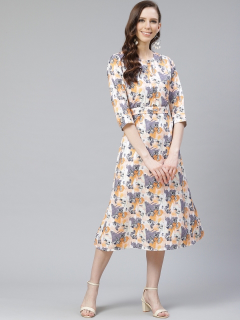 

ZIYAA Women Off-White & Grey Printed A-Line Dress
