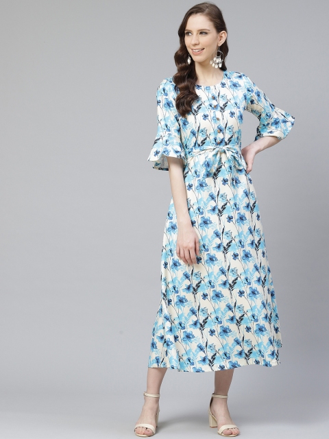 

ZIYAA Women White & Blue Digital Floral Printed Maxi Dress