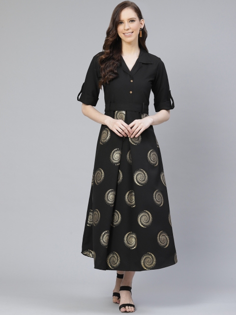 

ZIYAA Women Black & Golden Foil Printed Maxi Dress