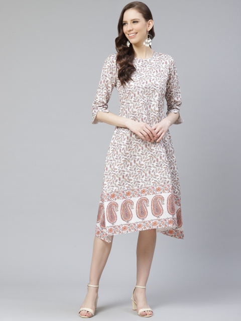 

ZIYAA Women Off-White & Red Digital Printed A-Line Dress