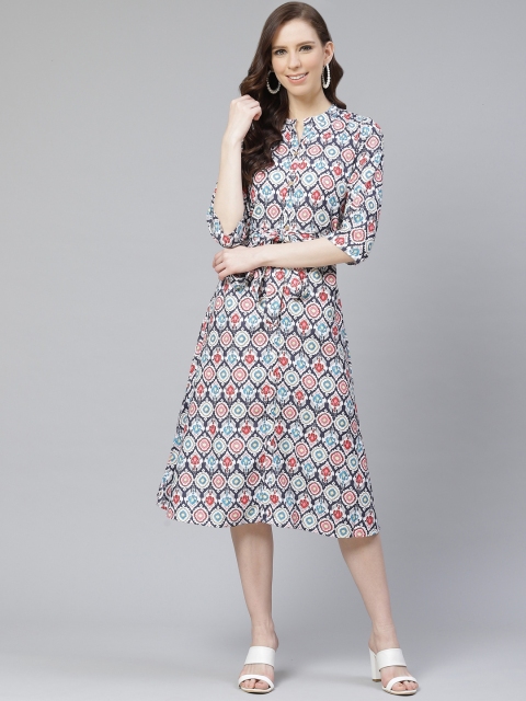 

ZIYAA Women White & Navy Blue Digital Printed A-Line Dress