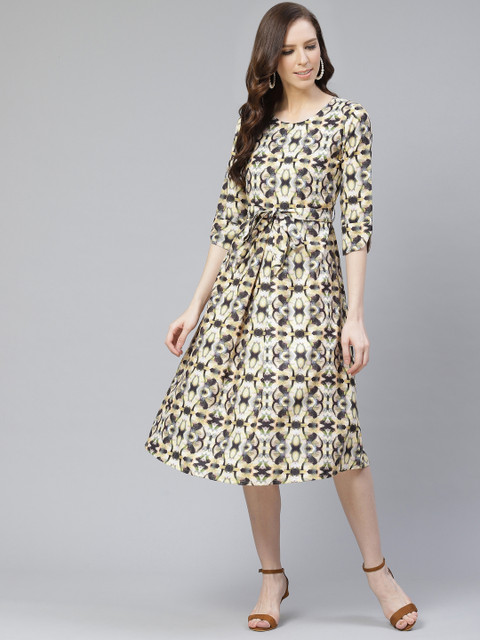 

ZIYAA Women Off-White & Black Digital Printed A-Line Dress