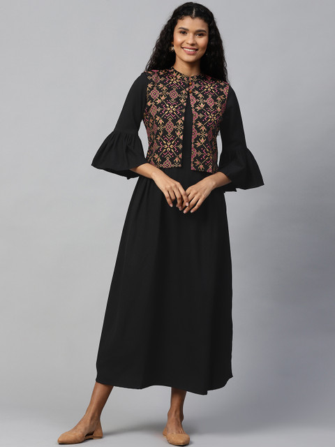 

ZIYAA Women Black Solid Maxi Dress With Golden Foil Print Ethnic Jacket