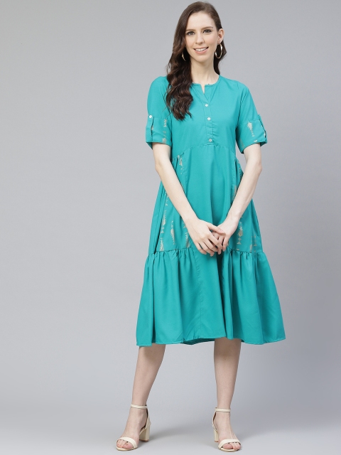 

ZIYAA Women Blue & Silver Foil Printed Tiered A-Line Dress