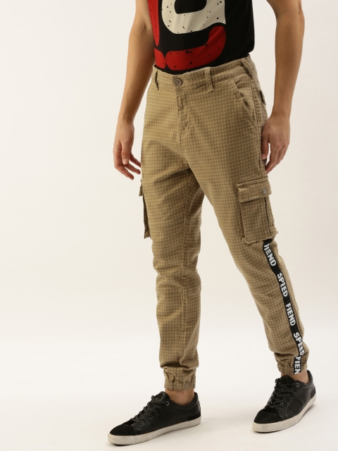 

Moda Rapido Men Camel Brown Regular Fit Checked Joggers with Side Taping