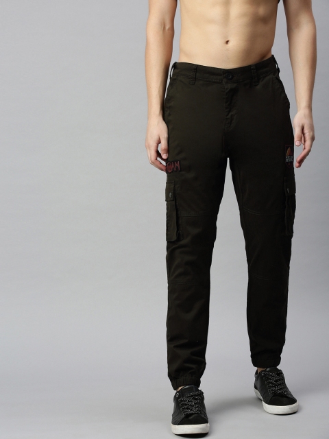 

HERE&NOW Men Olive Brown Regular Fit Solid Cargos
