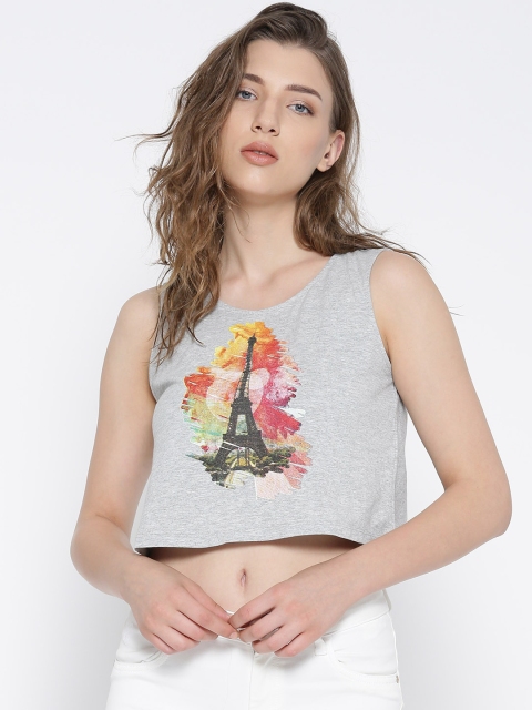 

Vero Moda Grey Melange Printed Crop Pure Cotton T-shirt