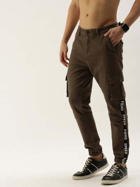 

Moda Rapido Men Brown Slim Fit Checked Joggers with Side Taping Detail
