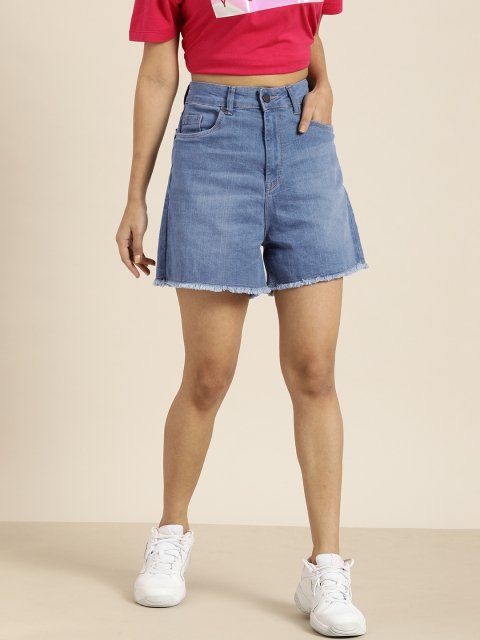 

Moda Rapido Women Blue Washed Regular Fit Denim Shorts with Frayed Hem