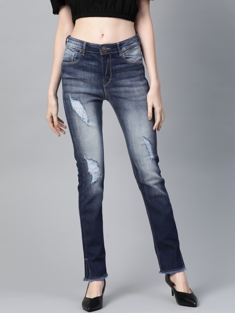 

HERE&NOW Women Navy Blue Skinny Fit High-Rise Mildly Distressed Stretchable Jeans