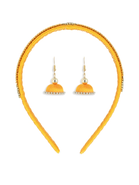 

AKSHARA Girls Mustard Yellow & Gold Set of 2 Embellished Hair Accessory & Earrings