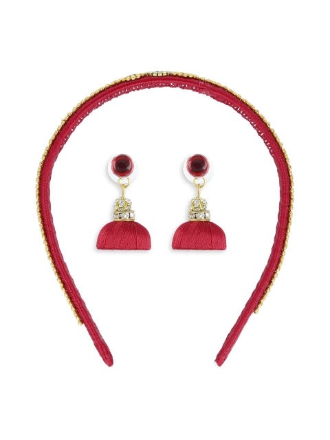 

AKSHARA Girls Red & Gold-Toned Set of 2 Beaded Hairband & Earrings