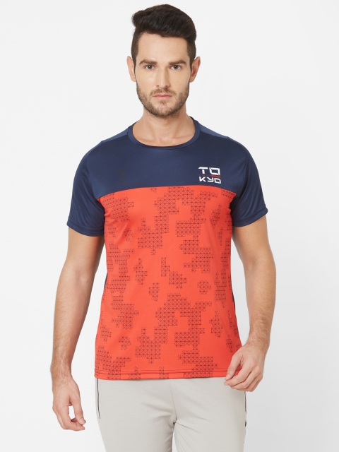 

Sweet Dreams Men Orange & Navy Blue Colourblocked Round Neck T-shirt with Printed Detail