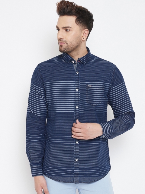 

Canary London Men Navy Blue Striped Slim Fit Shirt