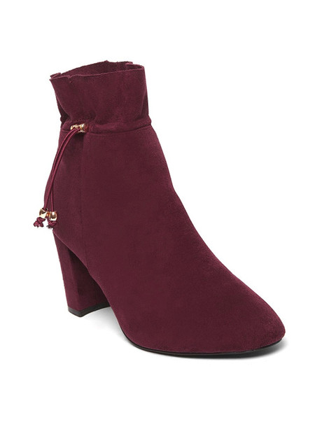 

DOROTHY PERKINS Women Burgundy Solid Velvet Finish Mid-Top Heeled Boots