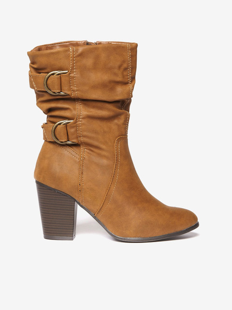 

DOROTHY PERKINS Women Camel Brown Solid Mid-Top Heeled Boots with Buckle Detail