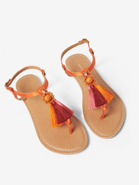 

DOROTHY PERKINS Women Orange Embellished T-Strap Flats with Tasselled Detail