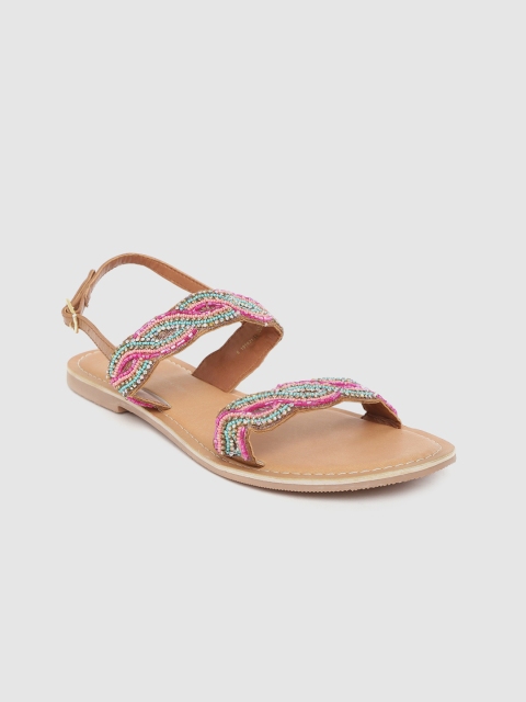 

DOROTHY PERKINS Women Pink & Green Embellished Open Toe Flats