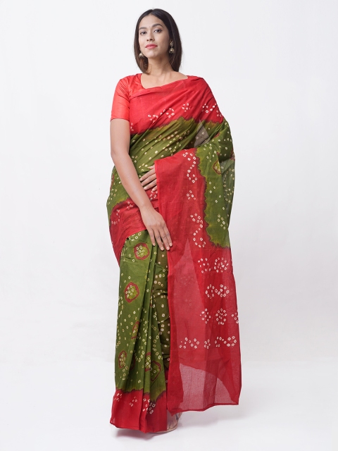 

Unnati Silks Olive Green & Red Tie & Dyed Bandhani Saree