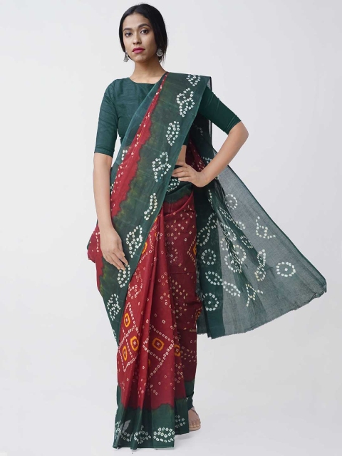 

Unnati Silks Green & Maroon Printed Silk Cotton Handloom Kanjeevaram Saree